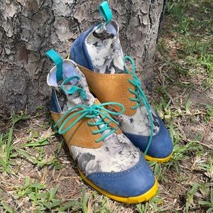 John Fluevog Shoes Men’s 9 Oxford Floral Mid-High Blue Brown Yellow Sole